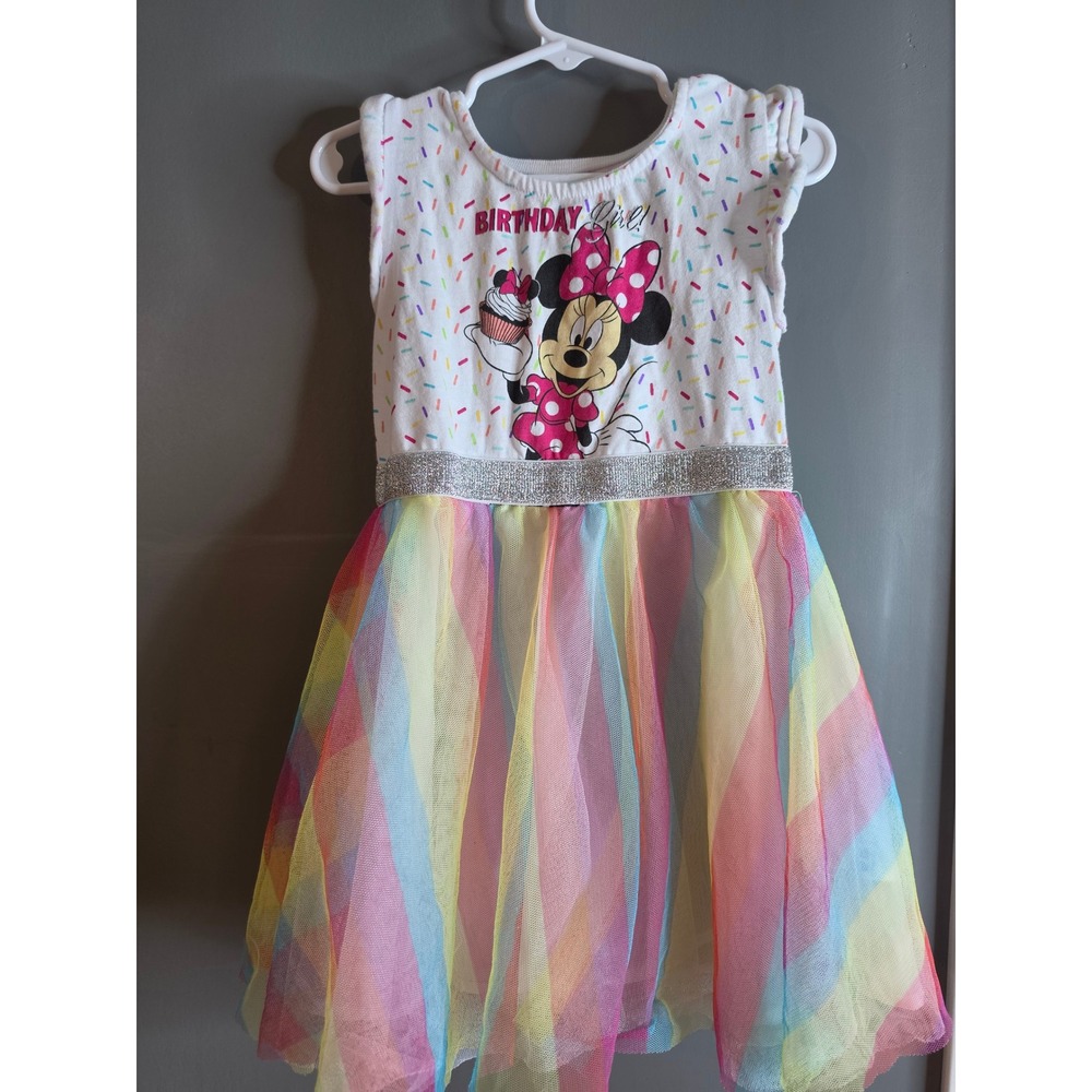 Disney Junior Minnie Mouse Birthday Girl Rainbow Tulle Dress 5T White Multi